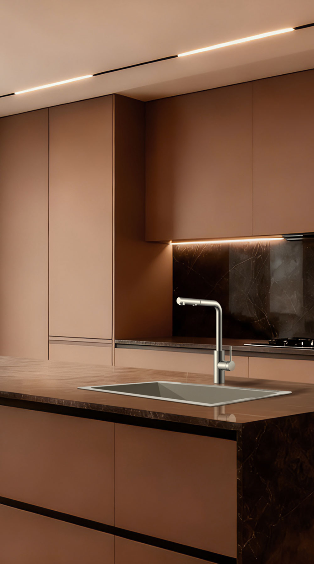 Oporto Stainless Steel Kitchen Mixer Tap, in a bathroom setting