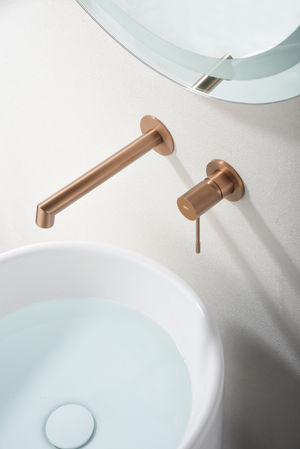 Brushed Rose Gold Built-in Basin Faucet Modern Single Lever, in a bathroom setting