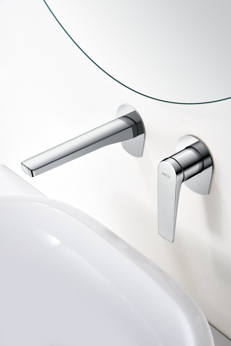 Chrome Built-in Sink Mixer Faucet Modern Design, in a bathroom setting