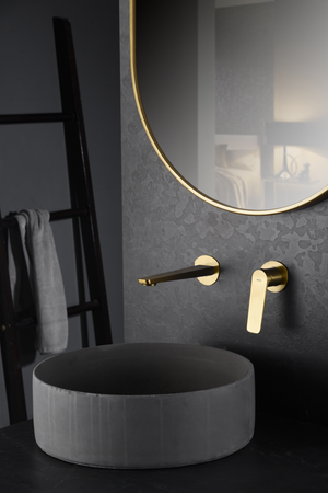 Brushed Gold Single Lever Sink Mixer Faucet, in a bathroom setting