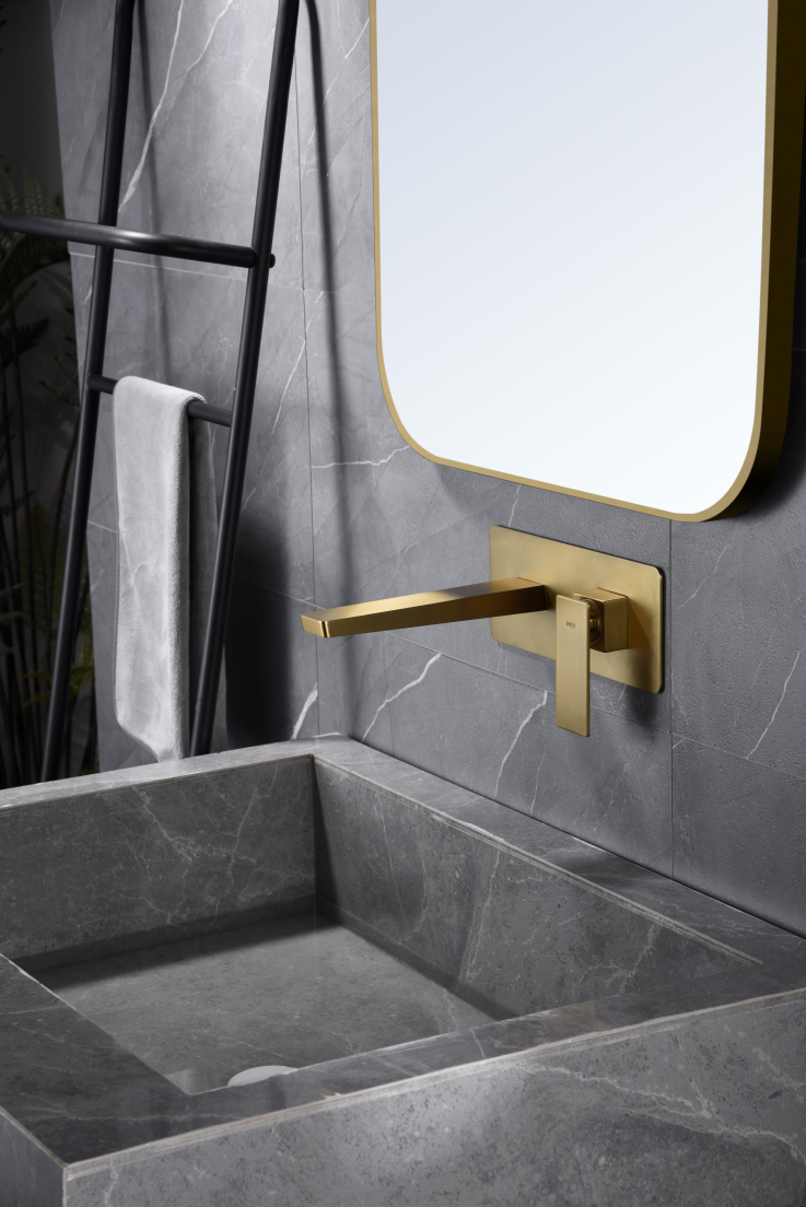 Pisa Brushed Gold Single-Lever Basin Faucet, in a bathroom setting