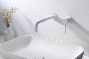 Etna Matte White Single Lever Sink Faucet Built-In, in a bathroom setting