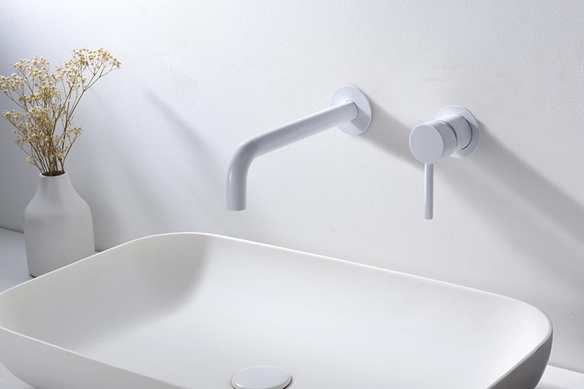 Etna Matte White Single Lever Sink Faucet Built-In, in a bathroom setting