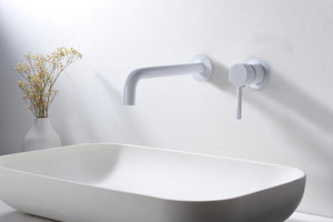 Etna Matte White Single Lever Sink Faucet Built-In, in a bathroom setting