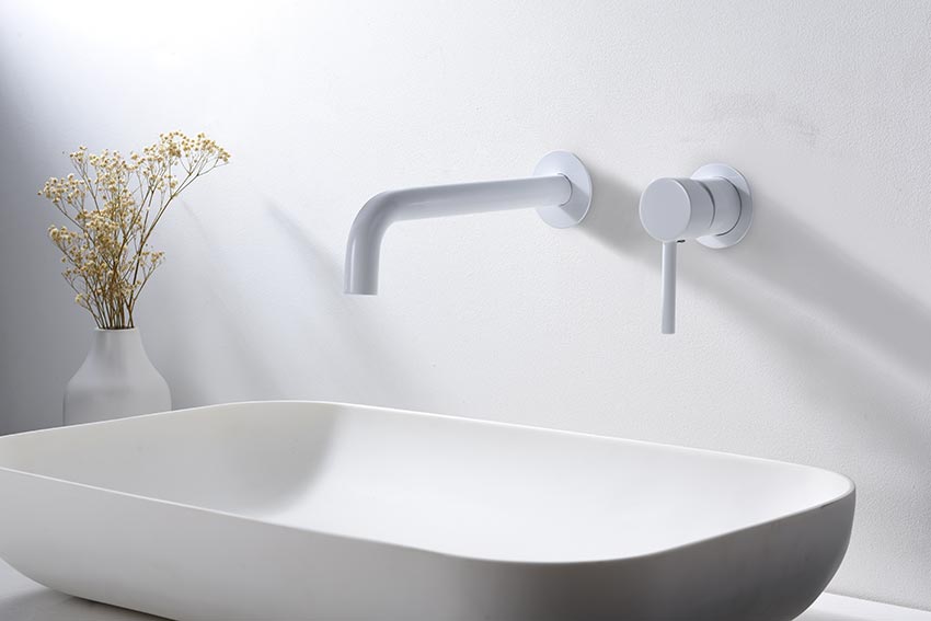 Etna Matte White Single Lever Sink Faucet Built-In, in a bathroom setting