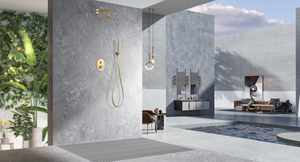 Brushed Gold Single Handle Built-in Shower Set, in a bathroom setting