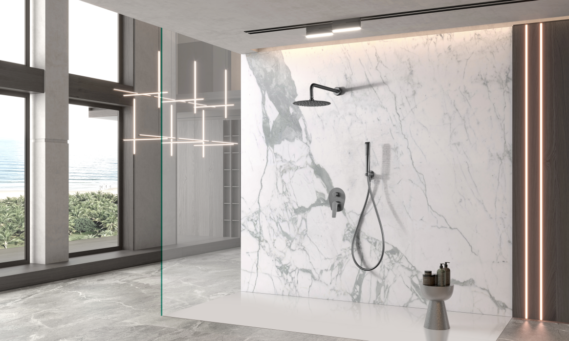 Delos Gun Metal Black Built-in Single Handle Shower Set, in a bathroom setting