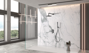 Delos Gun Metal Black Built-in Single Handle Shower Set, in a bathroom setting