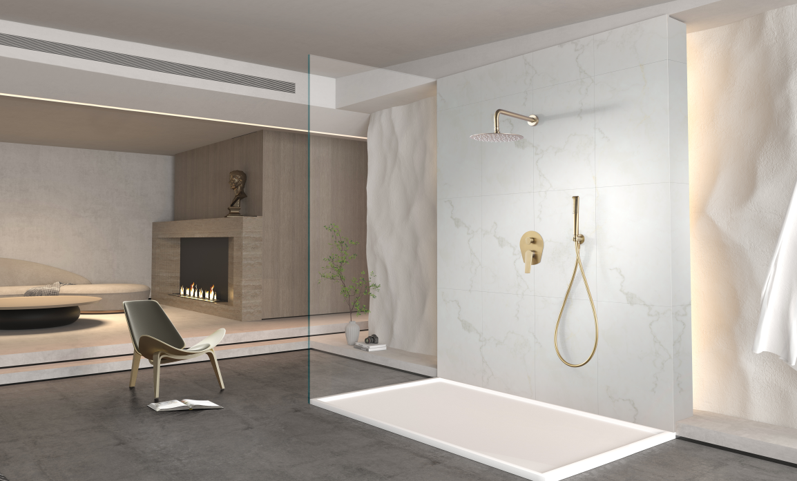 Brushed Gold Built-in Shower Mixer Set, in a bathroom setting