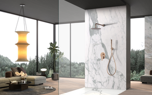 Brushed Rose Gold Single Handle Built-in Shower Set, in a bathroom setting