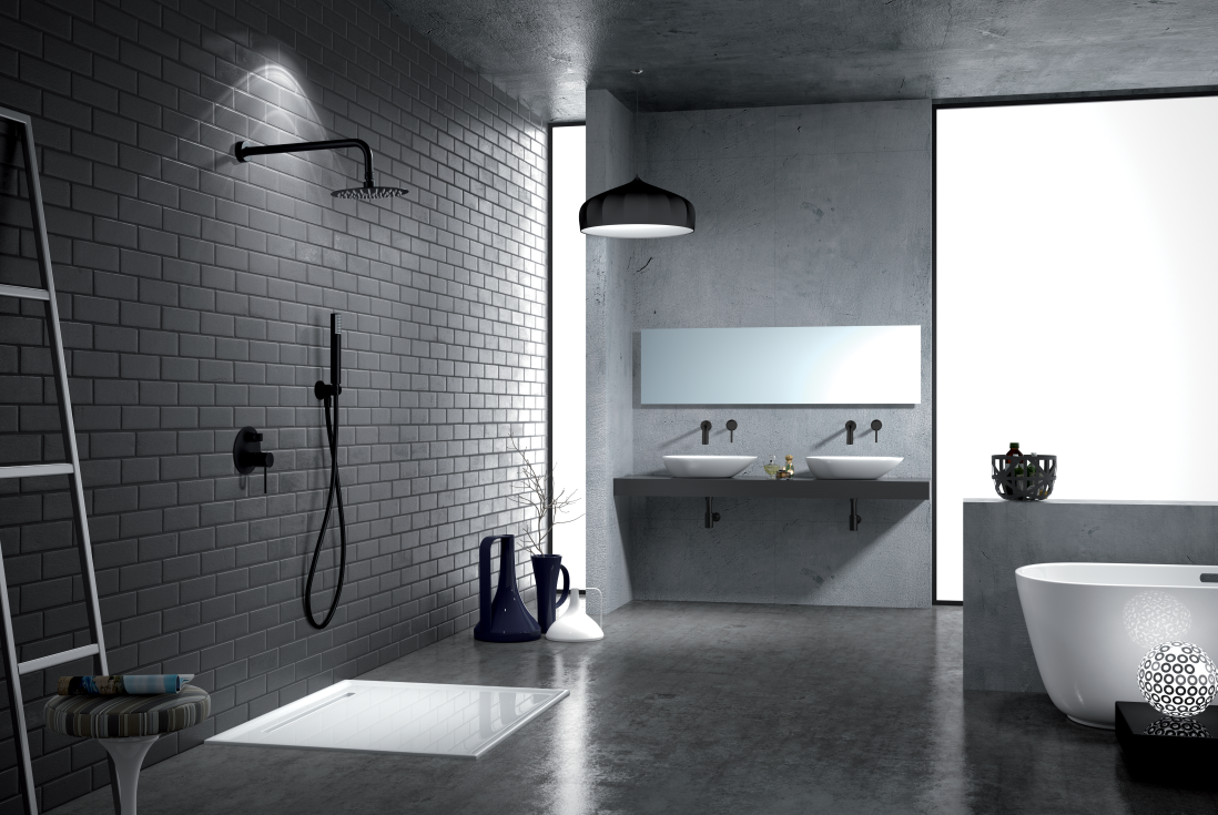 Matte Black Single Handle Built-in Shower Set, in a bathroom setting