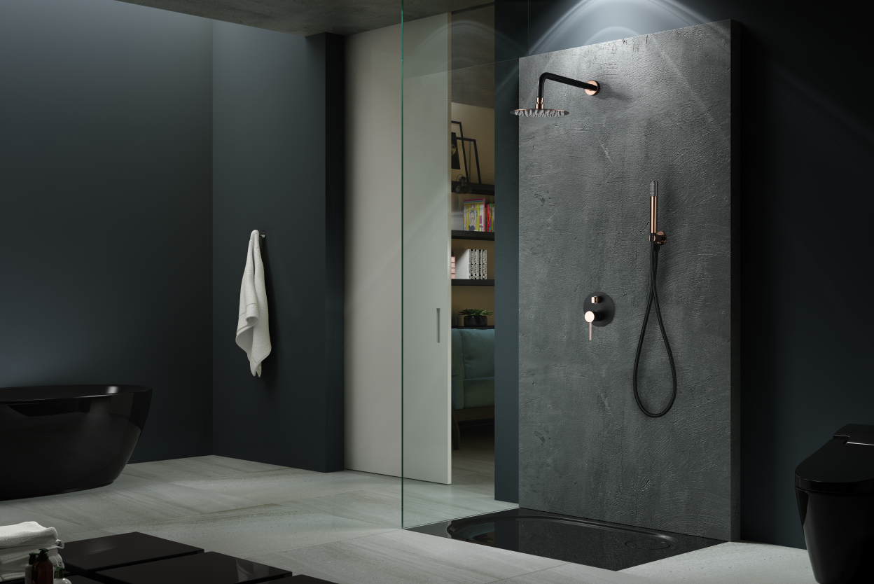 Black Rose Gold Single Lever Built-In Shower Set, in a bathroom setting