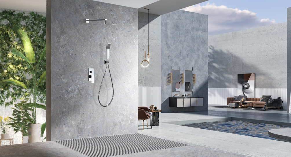 Chrome Recessed Single-Lever Shower Set Modern Design, in a bathroom setting