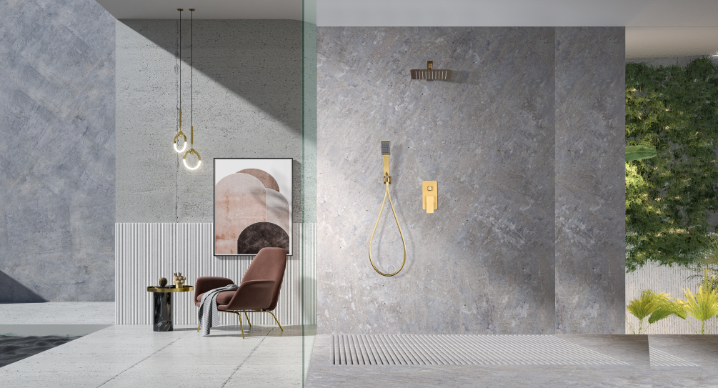 Brushed Gold Built-in Shower Set Single Lever, in a bathroom setting