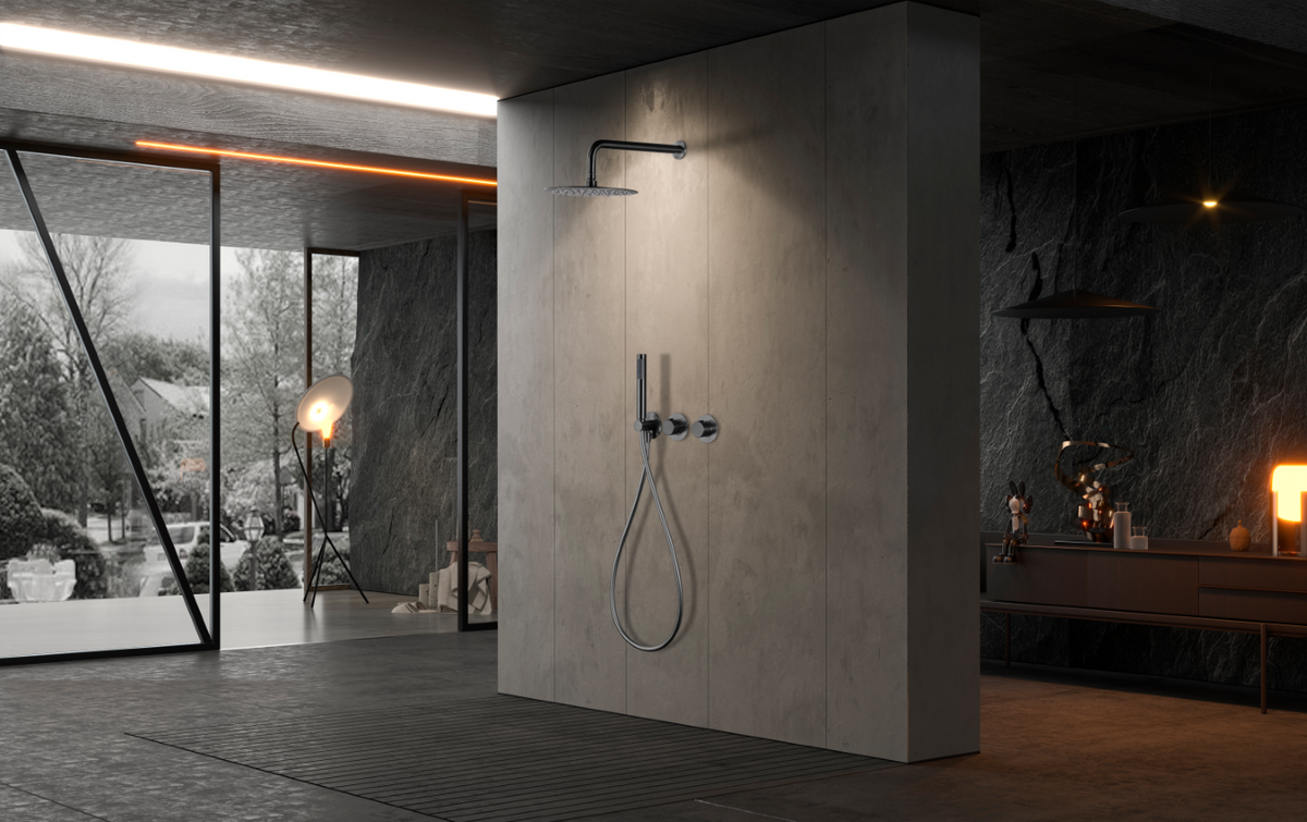 Black Gun Metal Thermostatic Shower Set Built-In, in a bathroom setting