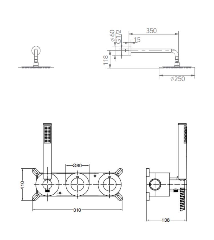 Brushed Gold Thermostatic Shower Set Built-in, view 5