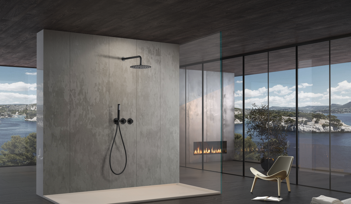 Matte Black Built-in Thermostatic Shower Set, in a bathroom setting