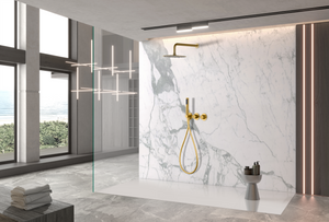 Brushed Gold Thermostatic Shower Set Built-in, in a bathroom setting