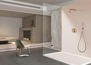 Brushed Rose Gold Thermostatic Shower Set Built-in, in a bathroom setting