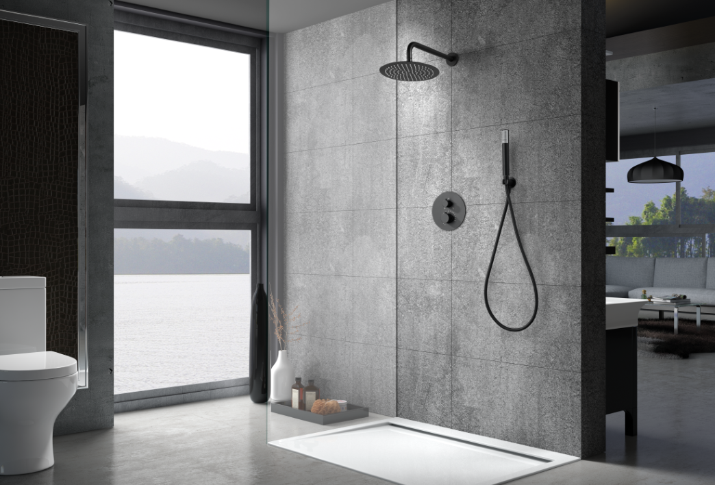 Matte Black Built-In Thermostatic Shower Set, in a bathroom setting