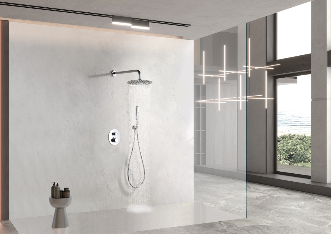 Chrome Thermostatic Shower Set Built-in Modern Design, in a bathroom setting