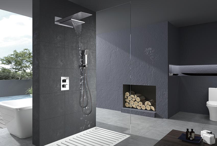 Chrome Thermostatic Built-in Shower Set Modern Design, in a bathroom setting