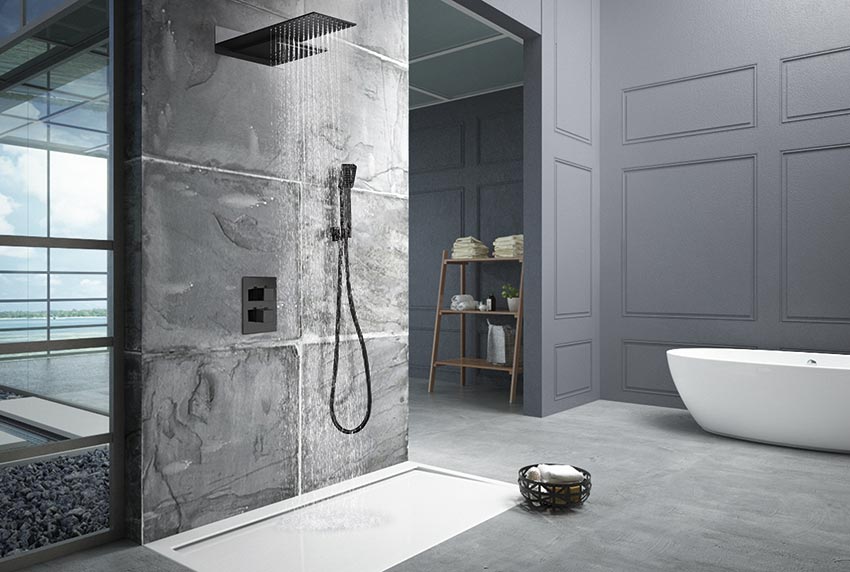 Matte Black Thermostatic Built-in Shower Set, in a bathroom setting