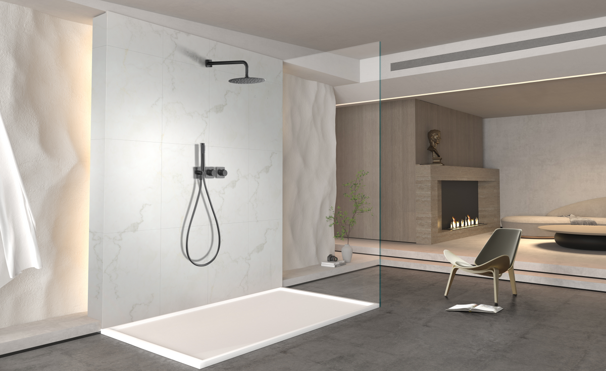 Black Gun Metal Thermostatic Shower Set Built-In, in a bathroom setting