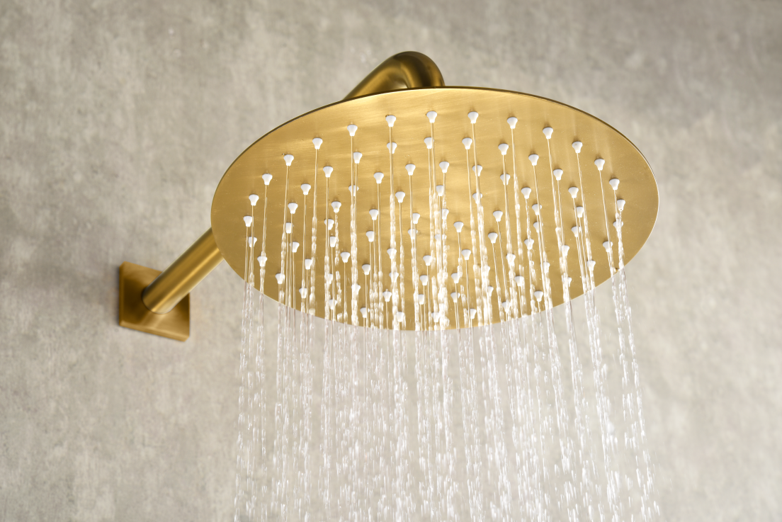 Brushed Gold Thermostatic Shower Set Built-In, rain head detail