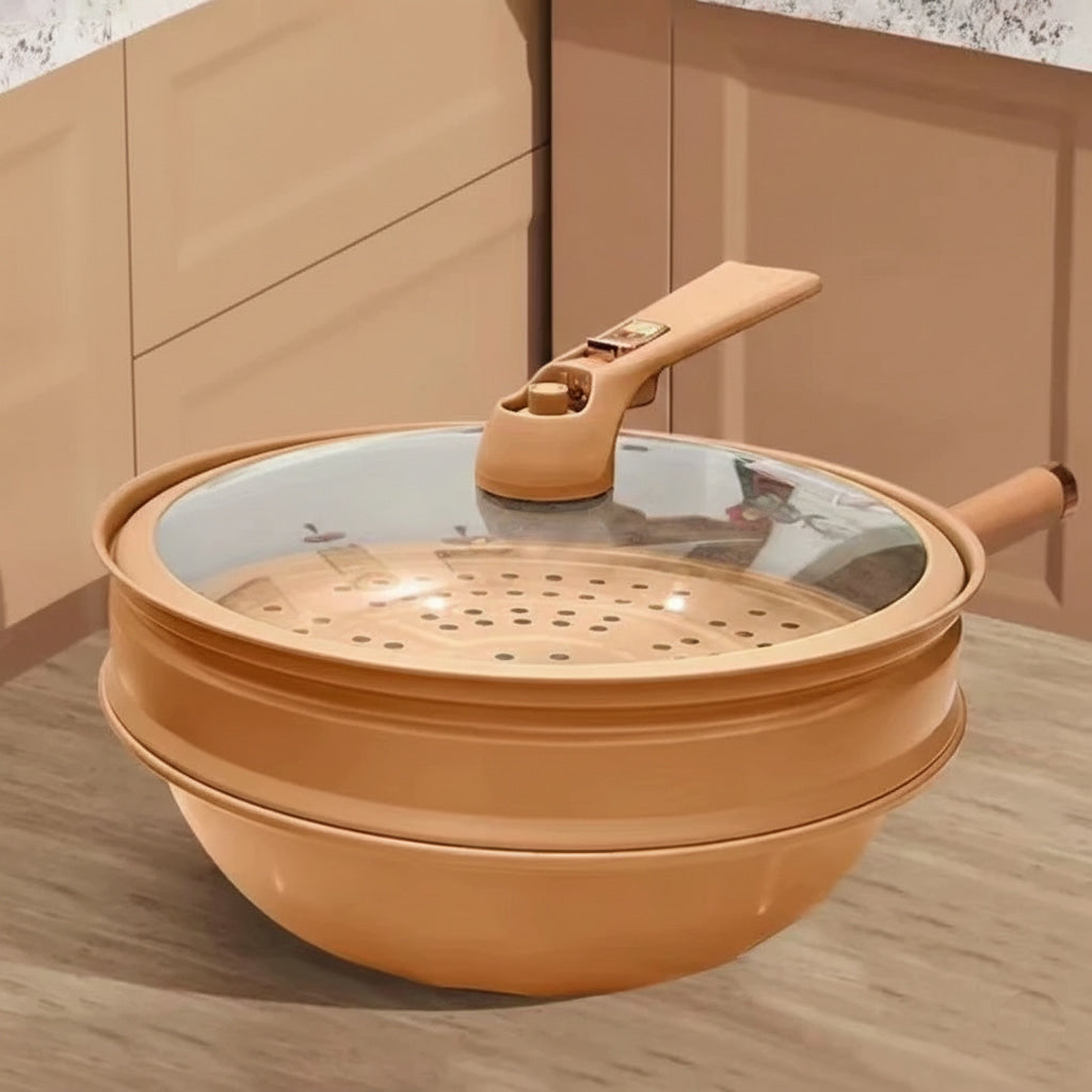 Functional Clay Steamer Flat Bottom Uncoated Wok Pan