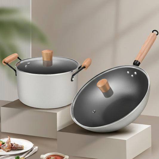 3 Piece Non Stick Stone Wok Frying Pan Pot Cookware Set