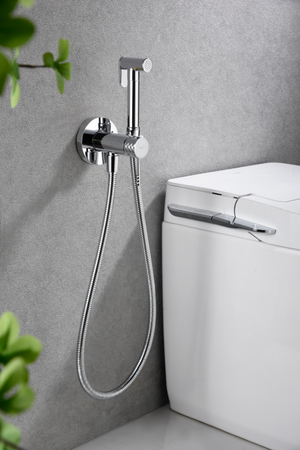 Chrome Built-in Bidet Faucet Modern Minimalist Design, in a bathroom setting