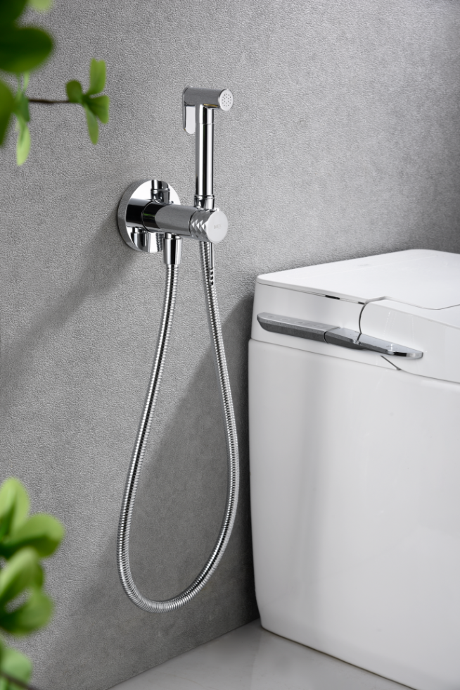 Chrome Built-in Bidet Faucet Modern Minimalist Design, in a bathroom setting