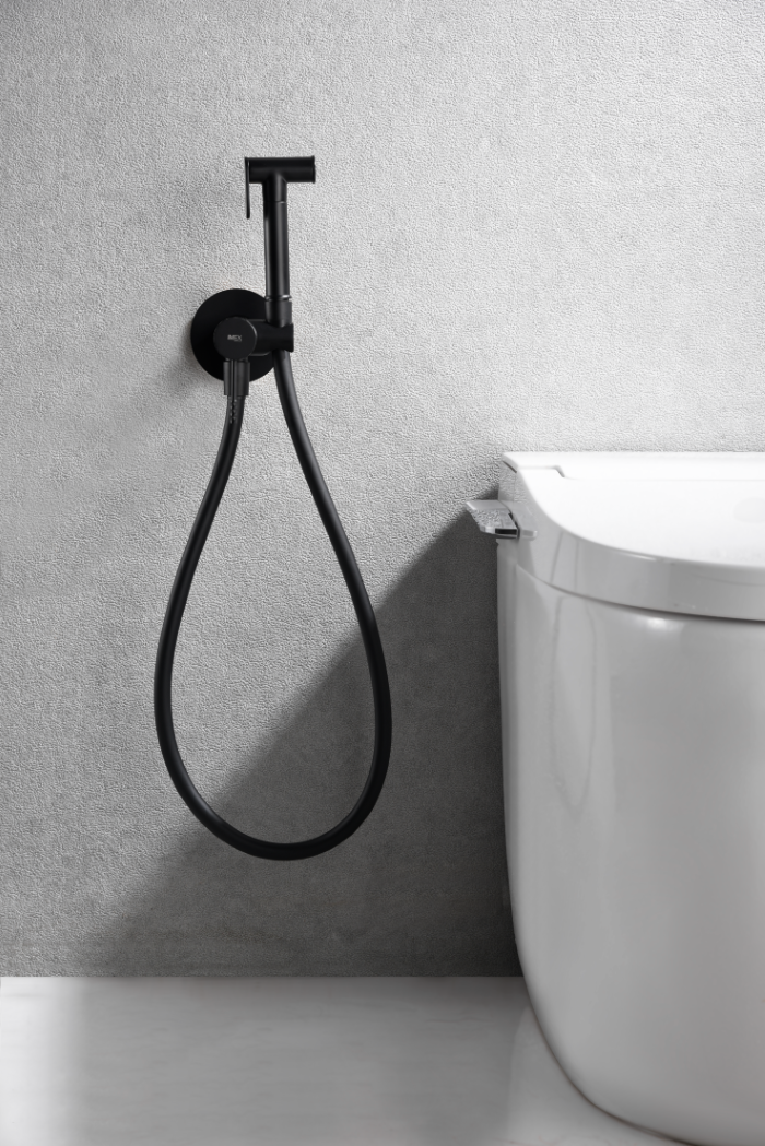 Matte Black Built-in Bidet Faucet Modern Design, in a bathroom setting