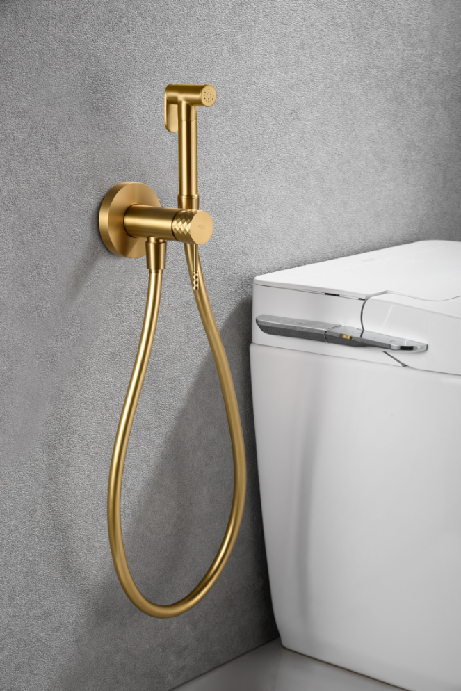 Brushed Gold Built-in Bidet Faucet Contemporary Design, in a bathroom setting