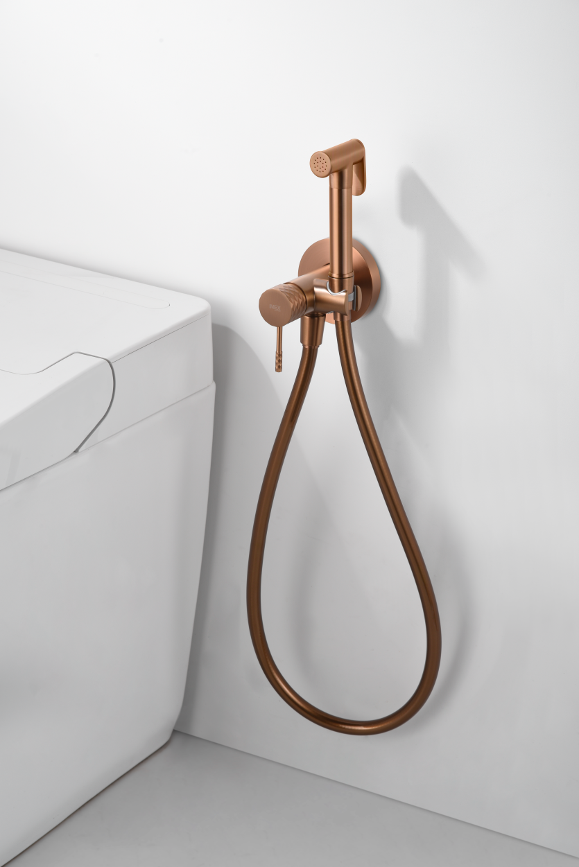 Brushed Rose Gold Bidet Faucet Built-in Modern Bathroom, in a bathroom setting