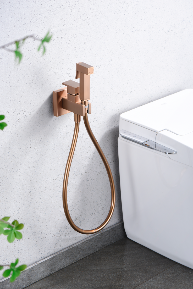 Brushed Rose Gold Built-in Bidet Faucet Single Lever, in a bathroom setting