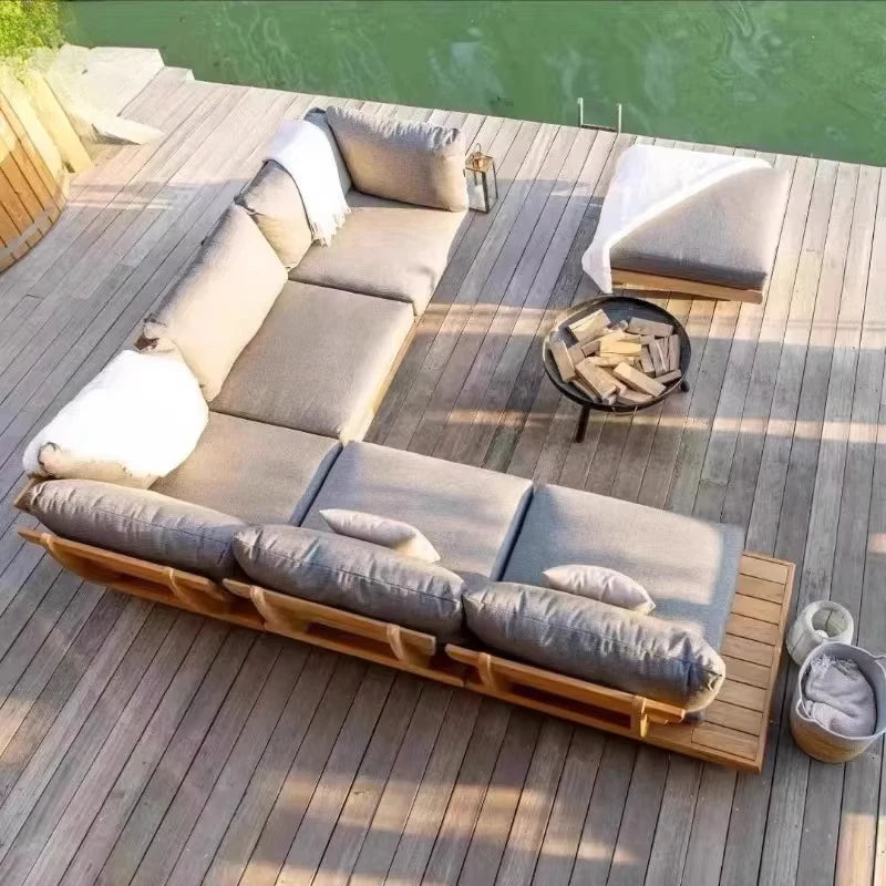 Muebles de exterior de lujo, resistentes al agua, de diseño especial, en forma de L, de teca, de esquina, combinación sencilla, sofá modular para jardín.
