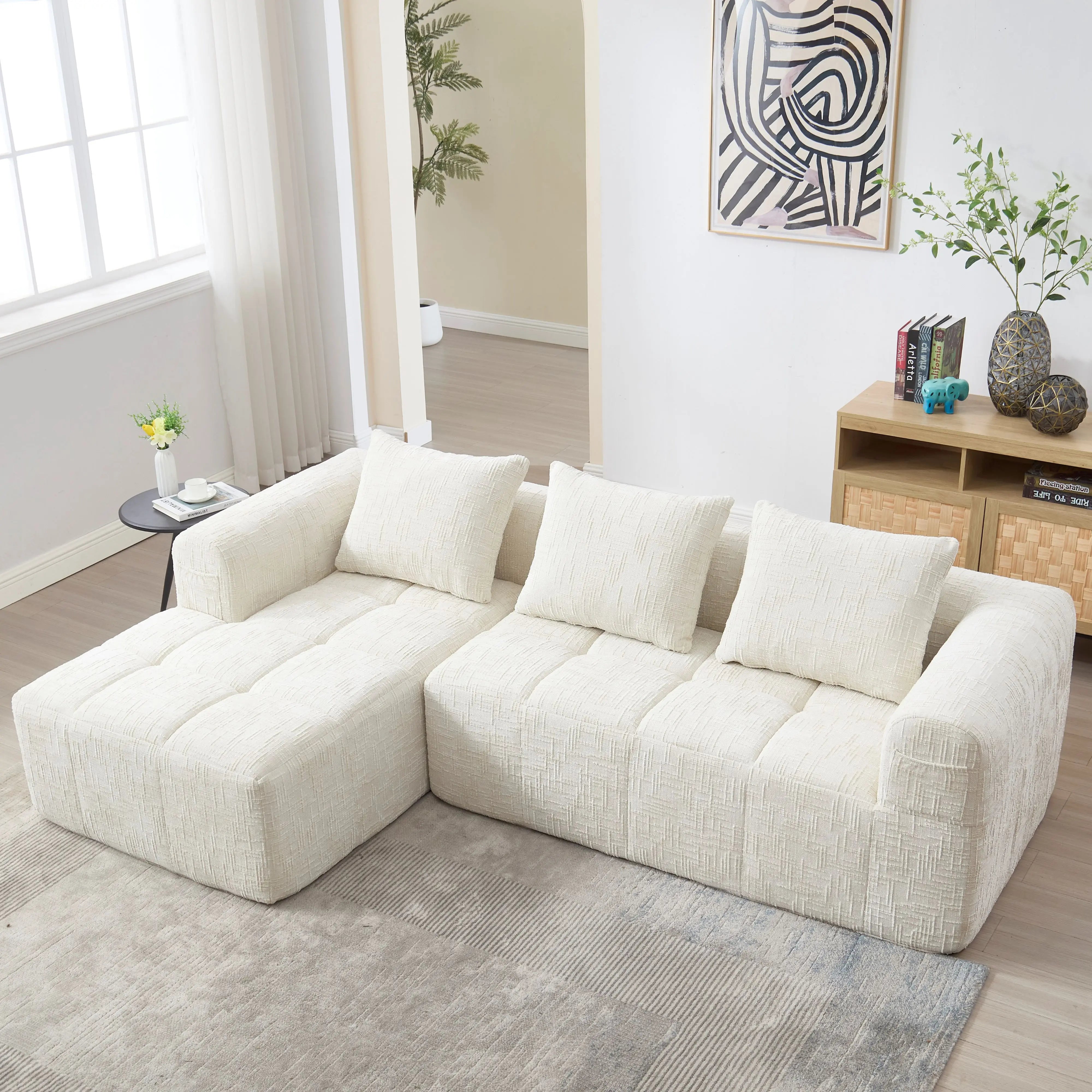 Sofá chaise longue modular moderno en forma de L de 3 plazas