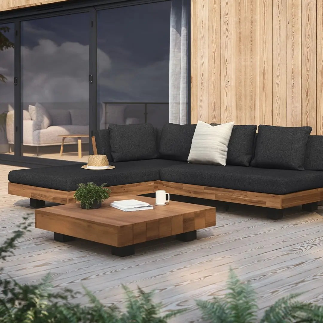 Conjunto de sofás modernos para hotel, muebles de exterior de teca para jardín, sofá seccional de madera y aluminio para patio, conjunto de sofás de jardín de lujo de teca.