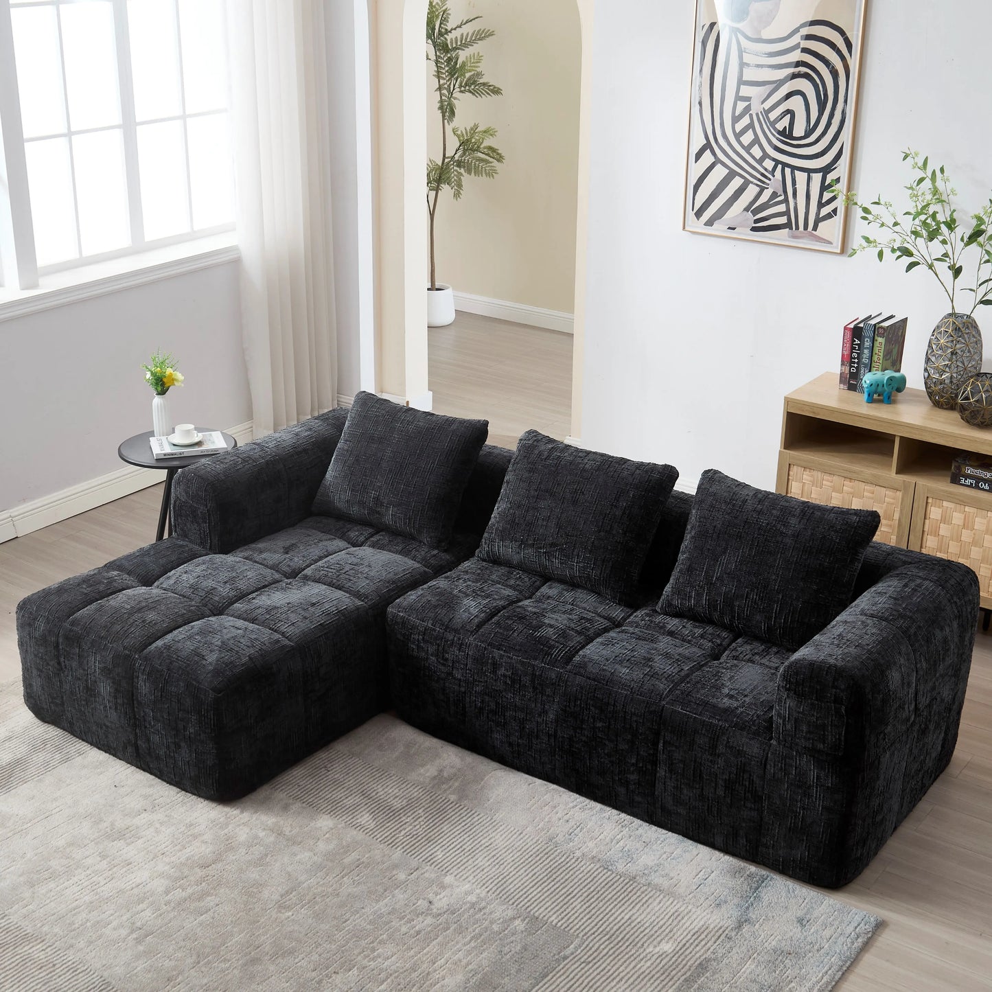 Sofá chaise longue modular moderno en forma de L de 3 plazas