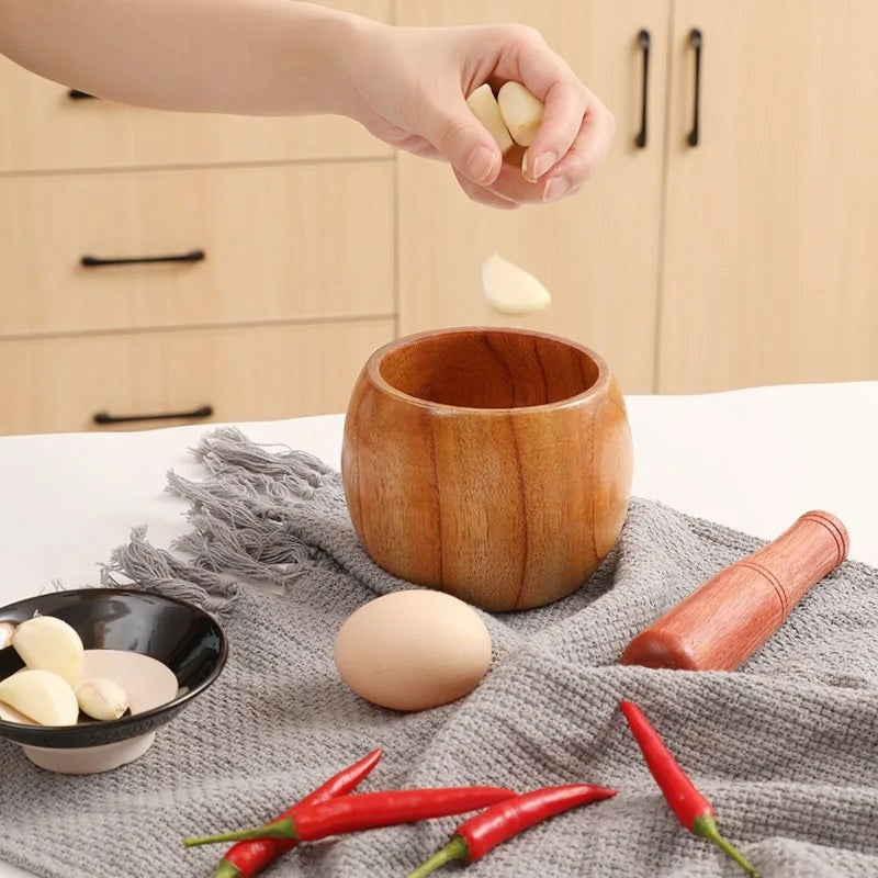 Molinillo de ajo manual con cuenco de madera y machacador de ajo