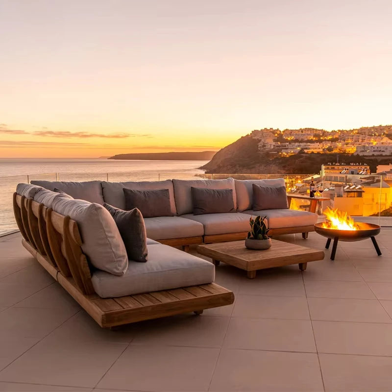 Muebles de exterior de lujo, resistentes al agua, de diseño especial, en forma de L, de teca, de esquina, combinación sencilla, sofá modular para jardín.