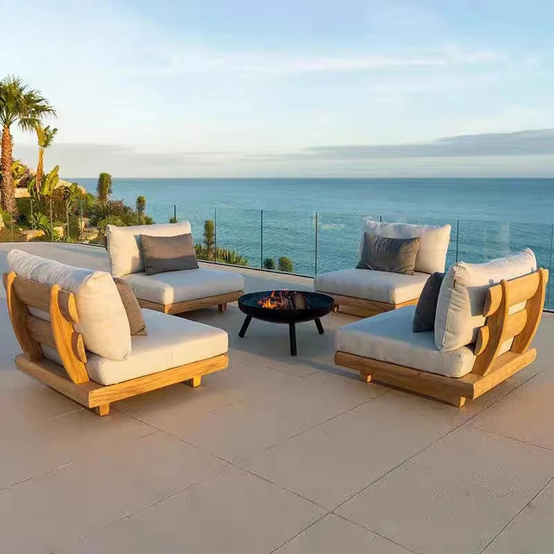 Muebles de exterior de lujo, resistentes al agua, de diseño especial, en forma de L, de teca, de esquina, combinación sencilla, sofá modular para jardín.