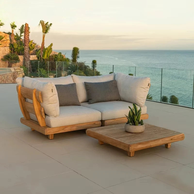 Muebles de exterior de lujo, resistentes al agua, de diseño especial, en forma de L, de teca, de esquina, combinación sencilla, sofá modular para jardín.