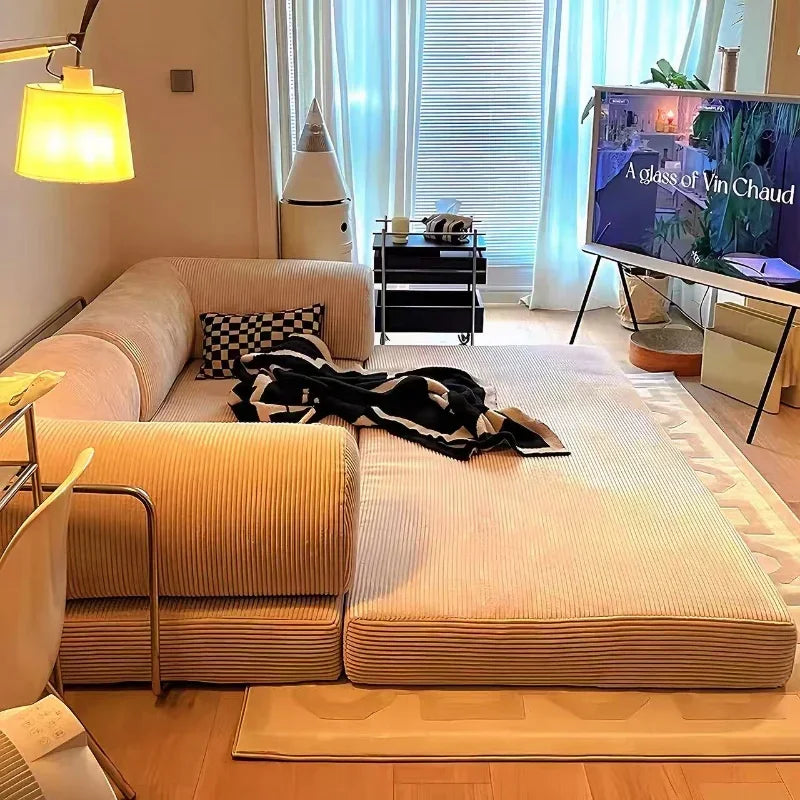 Sofá de compresión al vacío italiano simple retro de alta gama de pana para sala de estar, sofá cama plegable, lavable y personalizable.