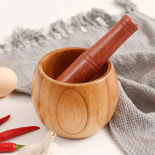 Molinillo de ajo manual con cuenco de madera y machacador de ajo