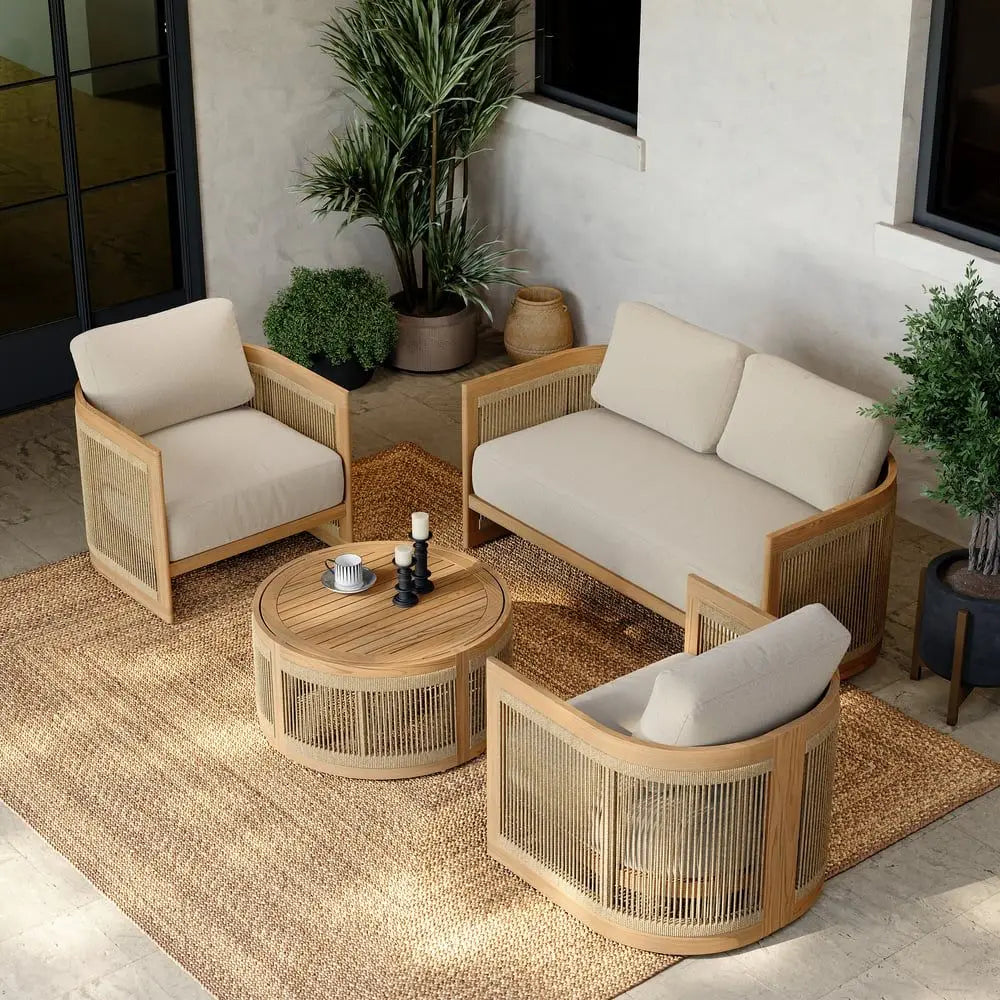 Conjunto de sofás modernos para hotel, muebles de exterior de teca para jardín, sofá seccional de madera y aluminio para patio, conjunto de sofás de jardín de lujo de teca.