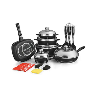 23-piece aluminum cookware set with non-stick coating in black finish