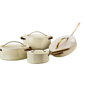 Green 4-piece non-stick aluminum cookware set with pots and lids